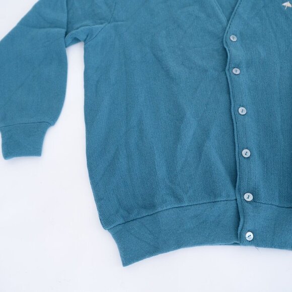 Vintage '80S Arnold Palmer Teal Wool Fine Knit Button Up Cardigan Sweater Large - Picture 6 of 9
